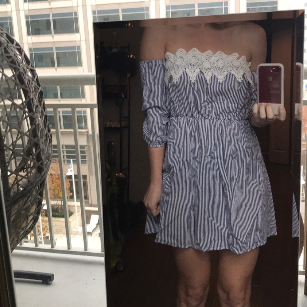 Pin striped off the shoulder dress